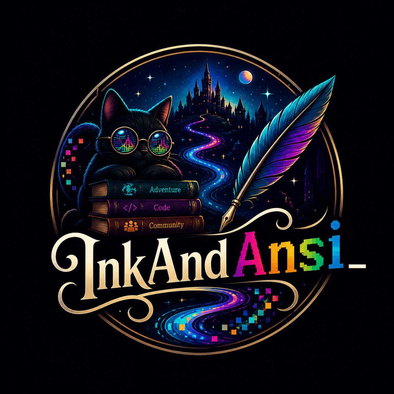 InkAndAnsi emblem featuring Ink the black cat, a colorful quill, books, and a glowing path toward a fantasy world.